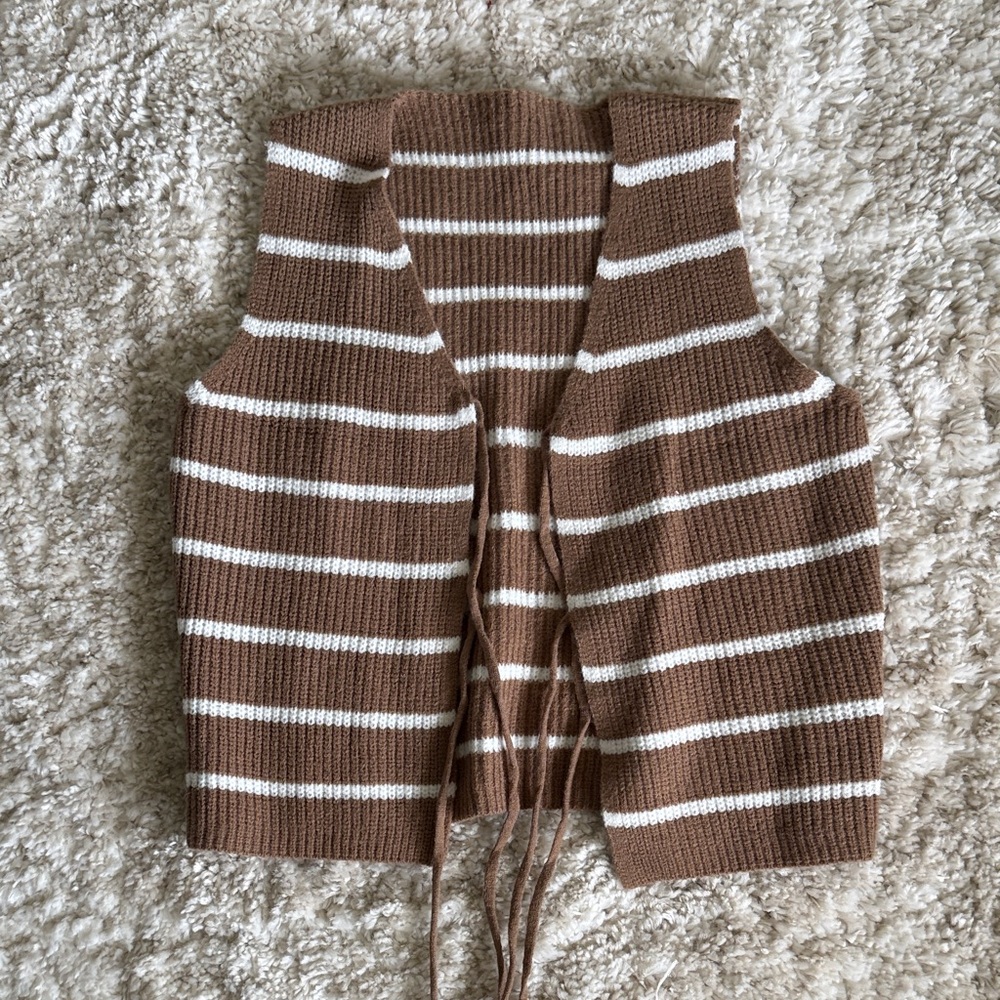 SHEIN Brown and White Striped Knit Tie-Front Vest